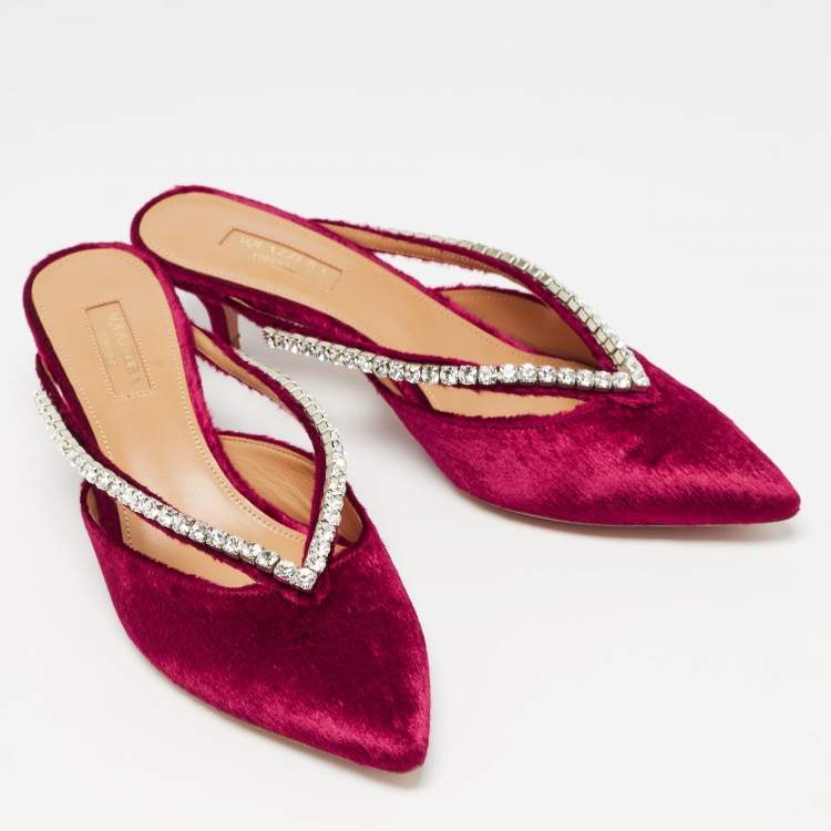 Pre Owned Aquazzura Pink Velvet Crystal Embellished Sabine Mules Size 38