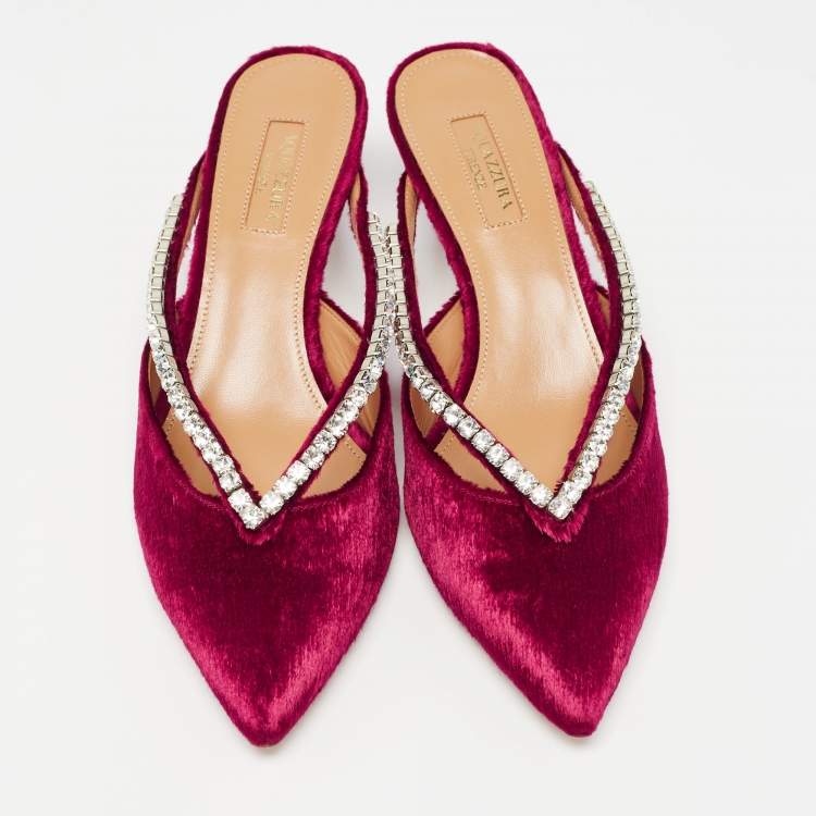 Pre Owned Aquazzura Pink Velvet Crystal Embellished Sabine Mules Size 38