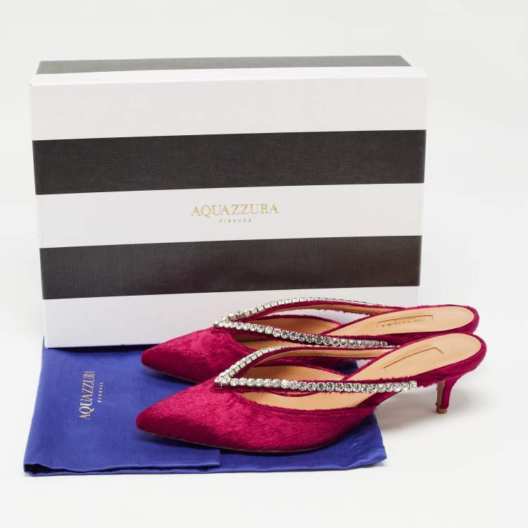 Pre Owned Aquazzura Pink Velvet Crystal Embellished Sabine Mules Size 38