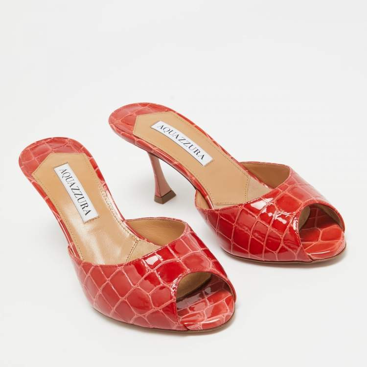 Pre Owned Aquazzura Red Croc Embossed Leather Mules Size 36  