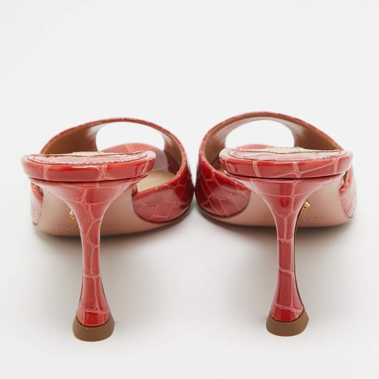 Pre Owned Aquazzura Red Croc Embossed Leather Mules Size 36  