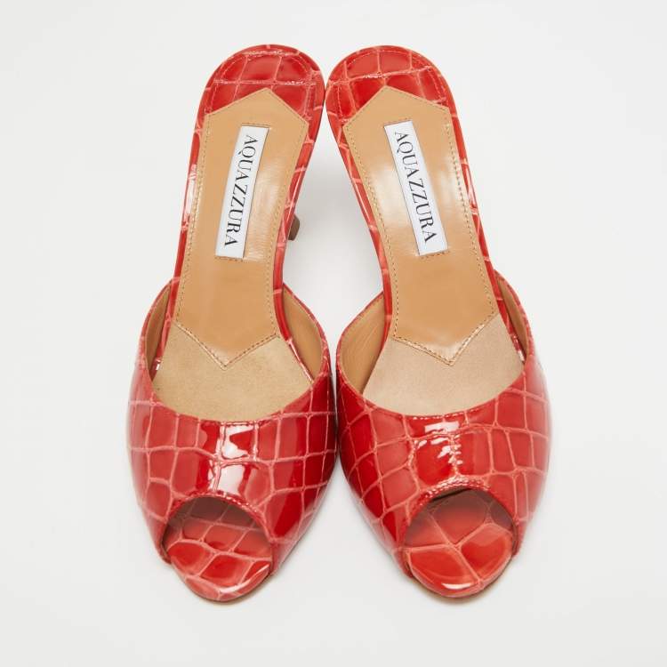 Pre Owned Aquazzura Red Croc Embossed Leather Mules Size 36  