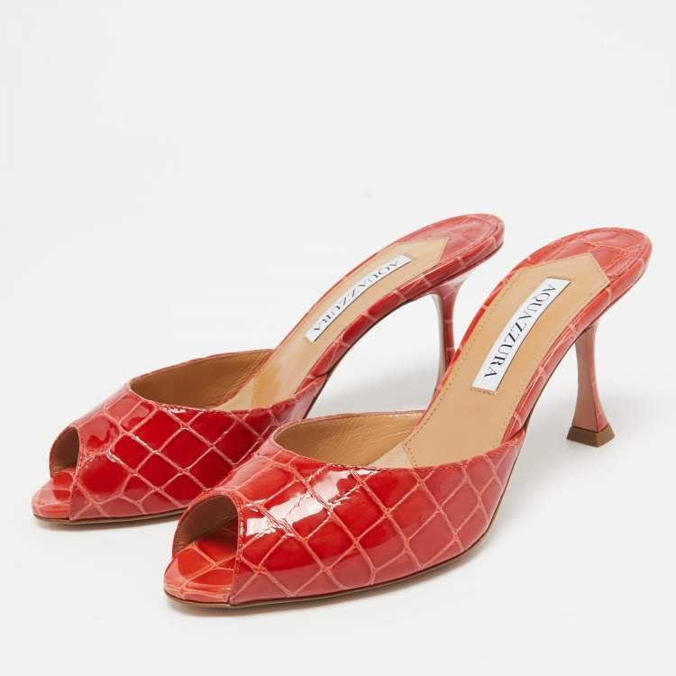 Pre Owned Aquazzura Red Croc Embossed Leather Mules Size 36  