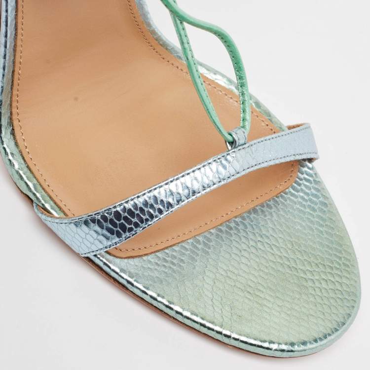 Pre Owned Aquazzura Green/Silver Python Embossed Leather Ankle Strap Sandals Size 40