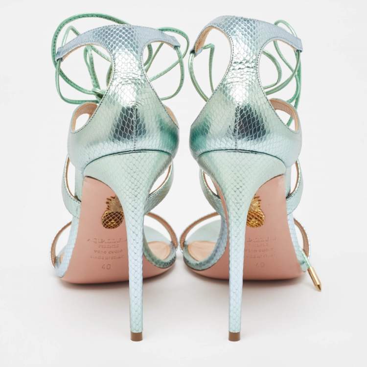 Pre Owned Aquazzura Green/Silver Python Embossed Leather Ankle Strap Sandals Size 40