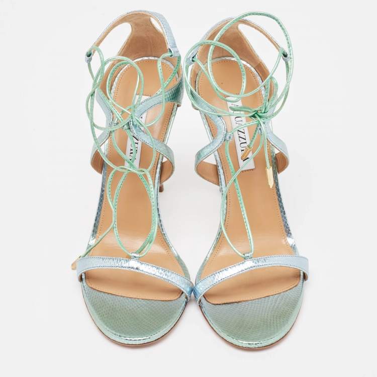 Pre Owned Aquazzura Green/Silver Python Embossed Leather Ankle Strap Sandals Size 40