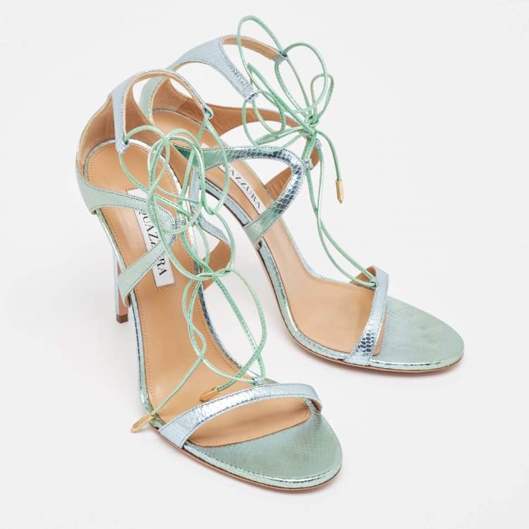 Pre Owned Aquazzura Green/Silver Python Embossed Leather Ankle Strap Sandals Size 40