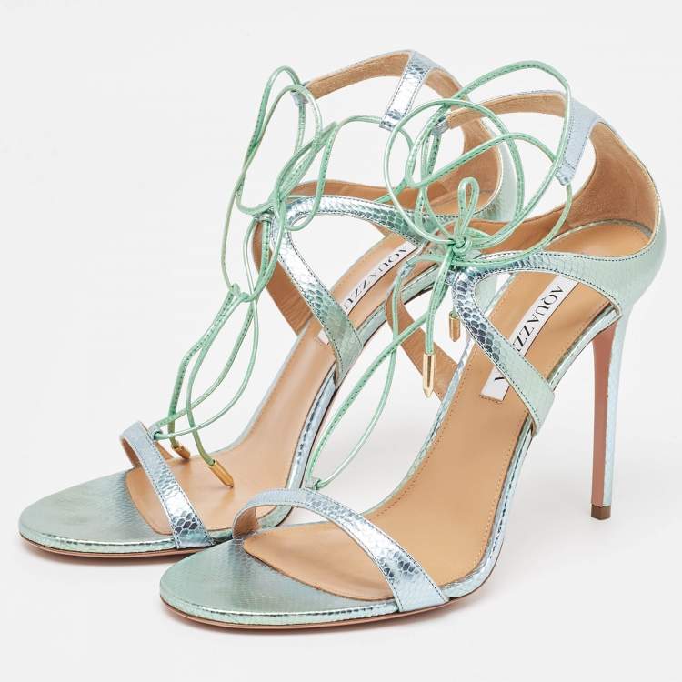 Pre Owned Aquazzura Green/Silver Python Embossed Leather Ankle Strap Sandals Size 40