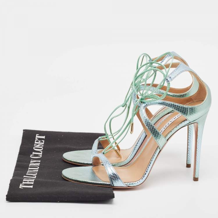 Pre Owned Aquazzura Green/Silver Python Embossed Leather Ankle Strap Sandals Size 40