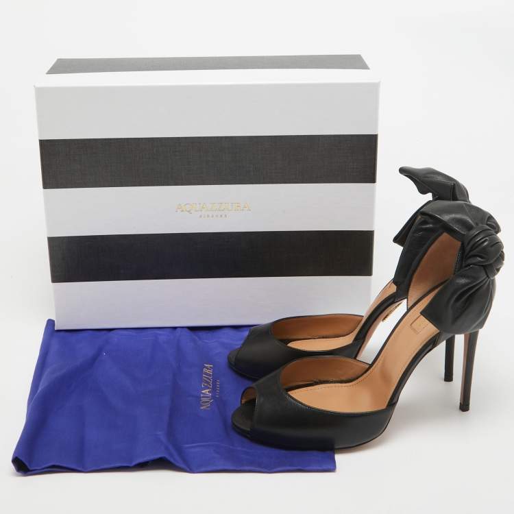 Pre Owned Aquazzura Black Leather Peep Toe Sandals Size 39.5