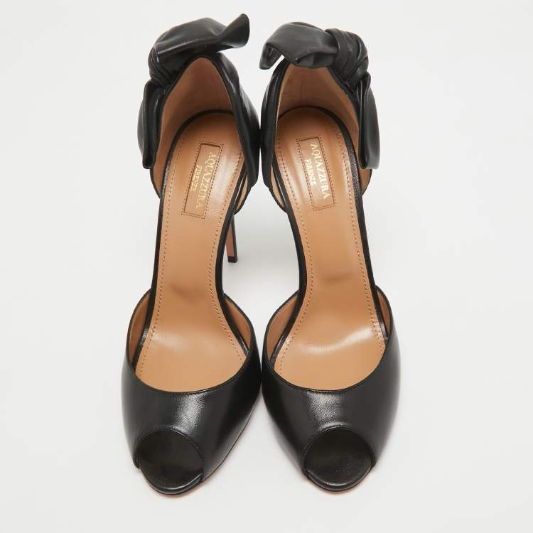 Pre Owned Aquazzura Black Leather Peep Toe Sandals Size 39.5