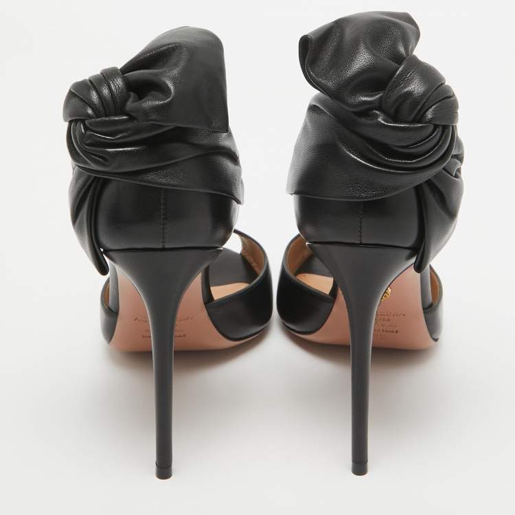 Pre Owned Aquazzura Black Leather Peep Toe Sandals Size 39.5
