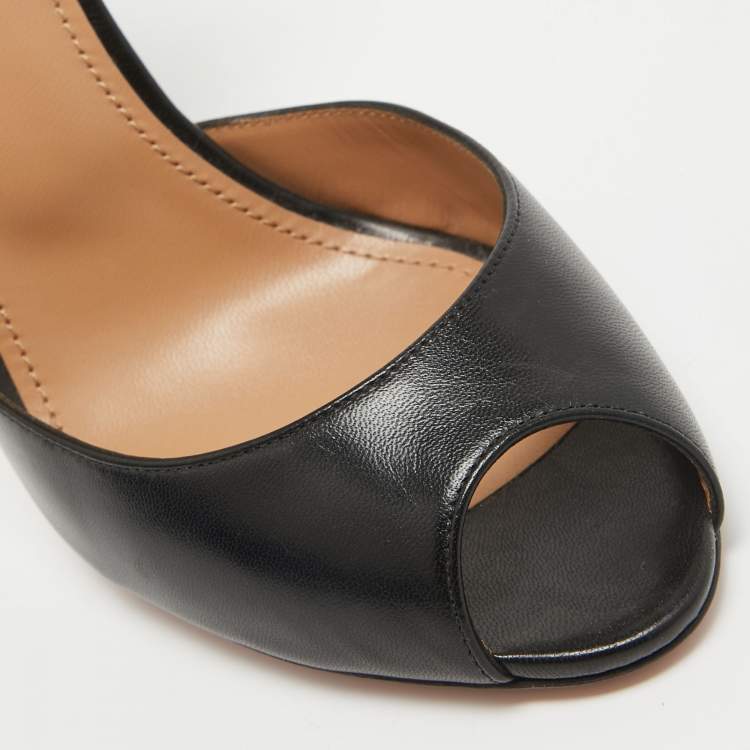 Pre Owned Aquazzura Black Leather Peep Toe Sandals Size 39.5
