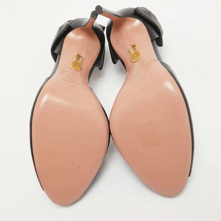 Pre Owned Aquazzura Black Leather Peep Toe Sandals Size 39.5