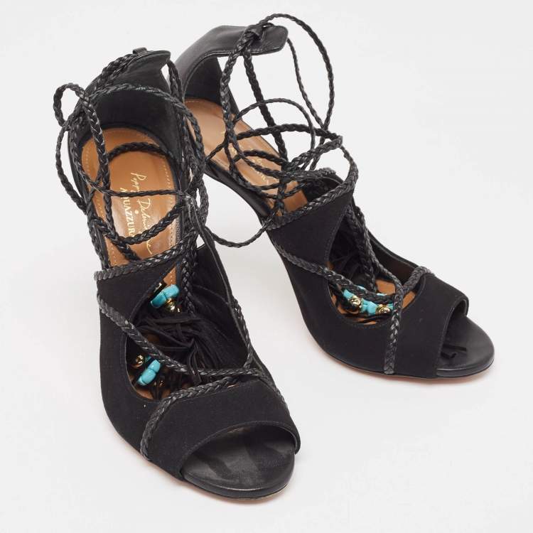 Pre Owned Aquazzura Black Leather and Suede Ankle Wrap Sandals Size 37