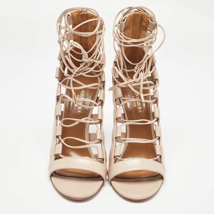 Pre Owned Aquazzura Beige Leather Amazon Ankle Wrap Sandals Size 36