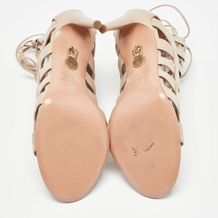 Pre Owned Aquazzura Beige Leather Amazon Ankle Wrap Sandals Size 36