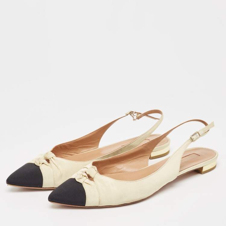 Aquazzura Beige/Black Knotted Fabric Slingback Flats Size
