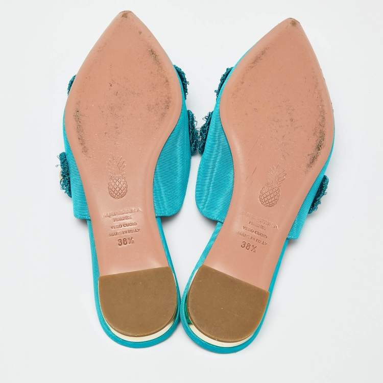 مملوكة مسبقًا Aquazzura Torquise Fabric Embellished Flat Mules Size 38.5