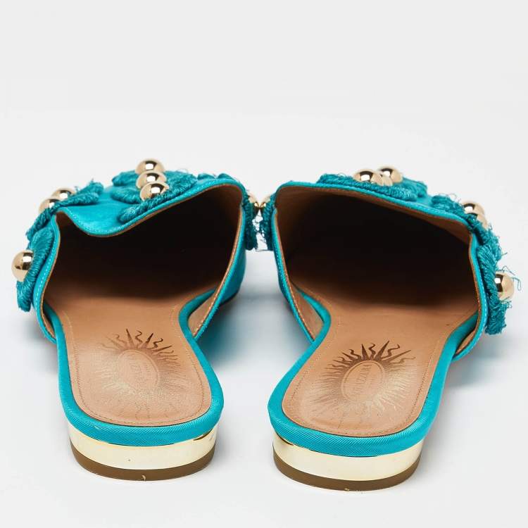 مملوكة مسبقًا Aquazzura Torquise Fabric Embellished Flat Mules Size 38.5