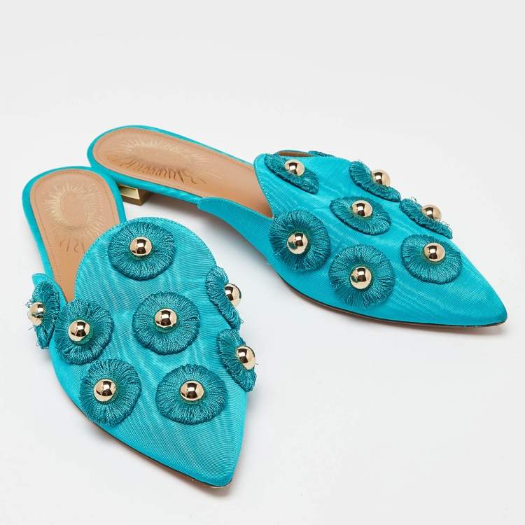 مملوكة مسبقًا Aquazzura Torquise Fabric Embellished Flat Mules Size 38.5
