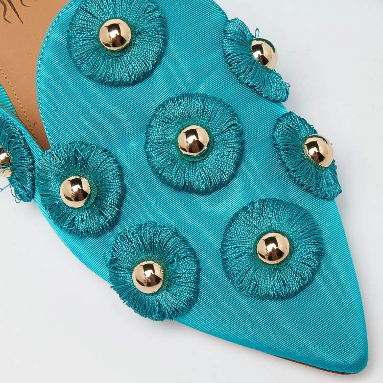 مملوكة مسبقًا Aquazzura Torquise Fabric Embellished Flat Mules Size 38.5
