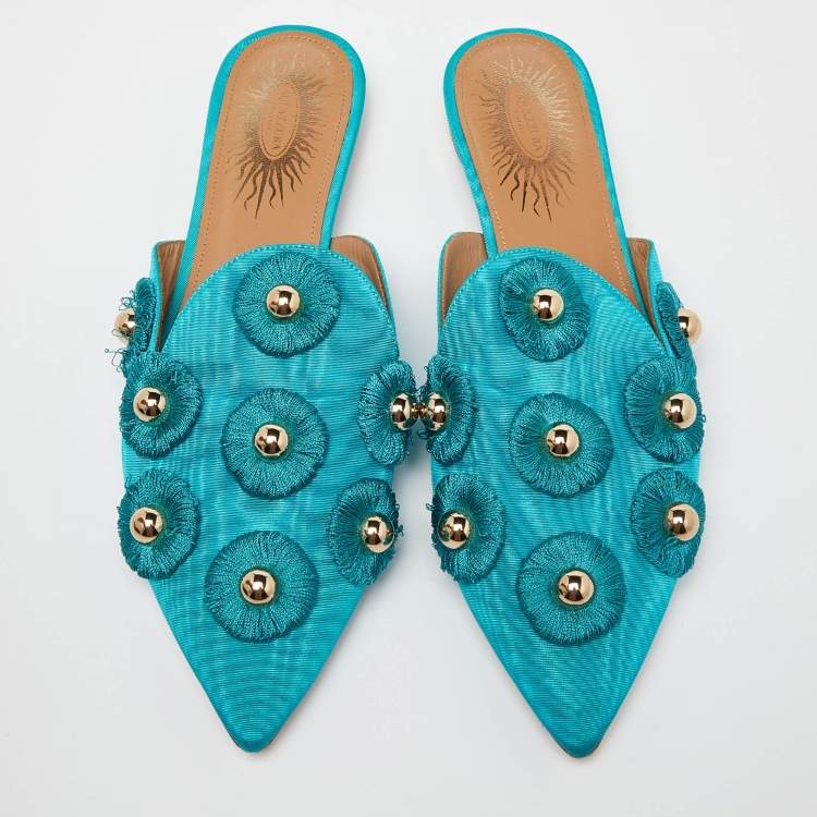 مملوكة مسبقًا Aquazzura Torquise Fabric Embellished Flat Mules Size 38.5