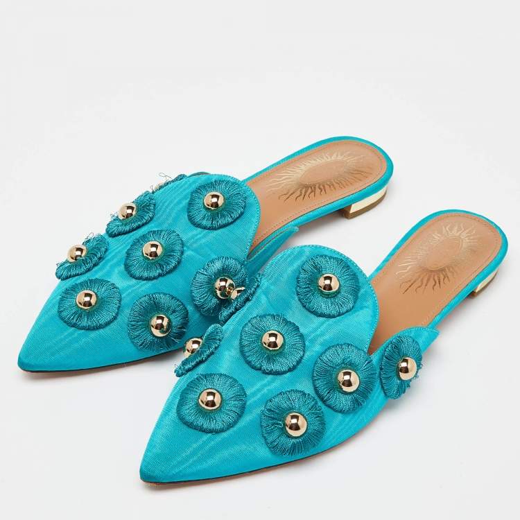 مملوكة مسبقًا Aquazzura Torquise Fabric Embellished Flat Mules Size 38.5