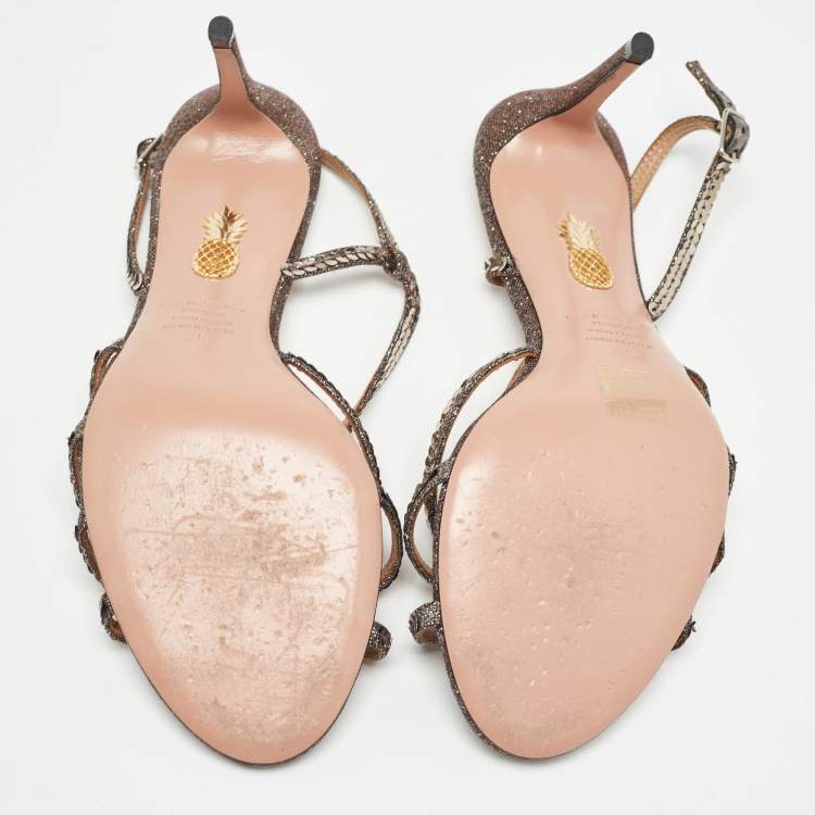 Pre Owned Aquazzura Metallic Bronze Canvas Crystal Embellished Ankle Strap Sandals Size 39