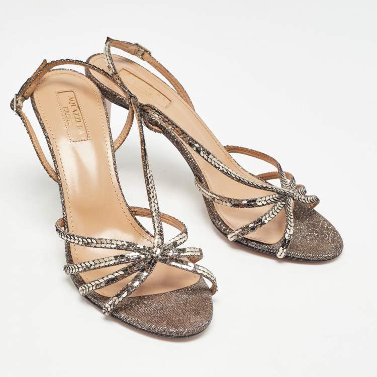 Pre Owned Aquazzura Metallic Bronze Canvas Crystal Embellished Ankle Strap Sandals Size 39