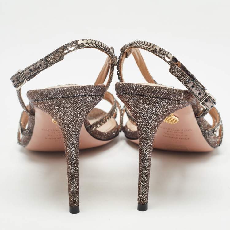 Pre Owned Aquazzura Metallic Bronze Canvas Crystal Embellished Ankle Strap Sandals Size 39
