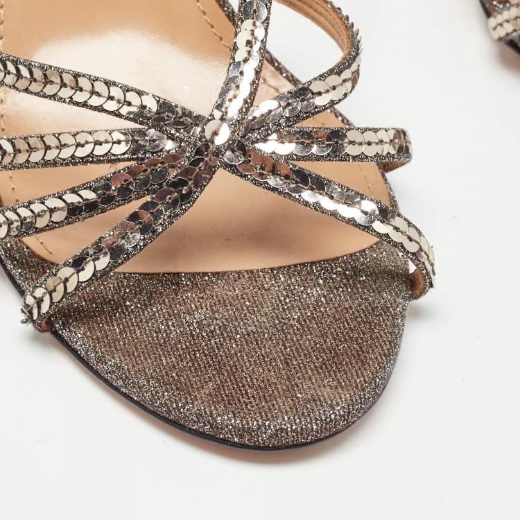 Pre Owned Aquazzura Metallic Bronze Canvas Crystal Embellished Ankle Strap Sandals Size 39
