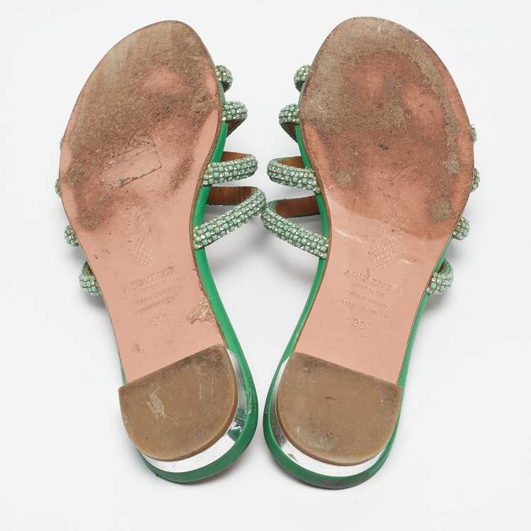 مملوكة مسبقًا Aquazzura Green Crystal Embellished Leather Moondust Flat Slides Size 38