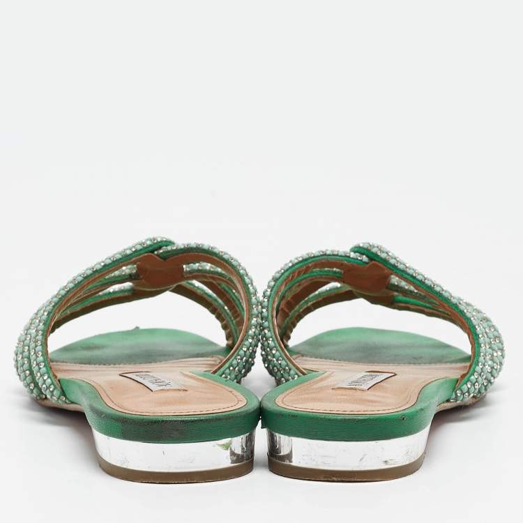 مملوكة مسبقًا Aquazzura Green Crystal Embellished Leather Moondust Flat Slides Size 38