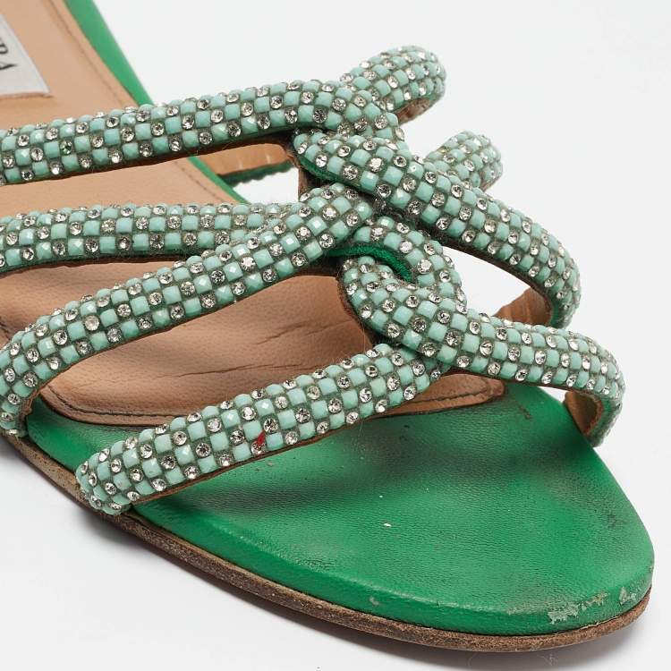 مملوكة مسبقًا Aquazzura Green Crystal Embellished Leather Moondust Flat Slides Size 38