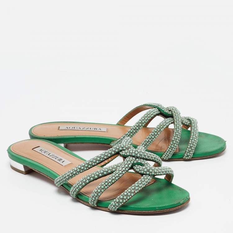 مملوكة مسبقًا Aquazzura Green Crystal Embellished Leather Moondust Flat Slides Size 38