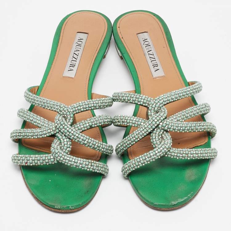 مملوكة مسبقًا Aquazzura Green Crystal Embellished Leather Moondust Flat Slides Size 38