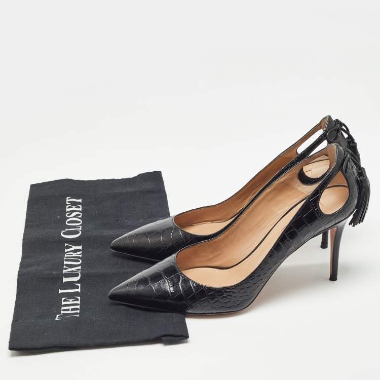 Pre Owned Aquazzura Black Croc Embossed Pointed Toe Pumps Size 37.5