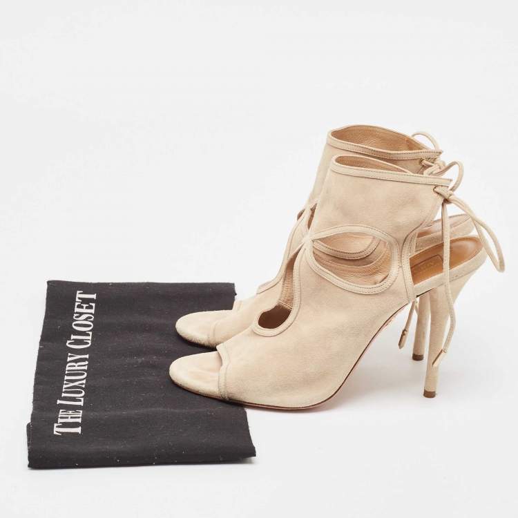 Pre Owned Aquazzura Beige Suede Ankle Wrap Sandals Size 39.5