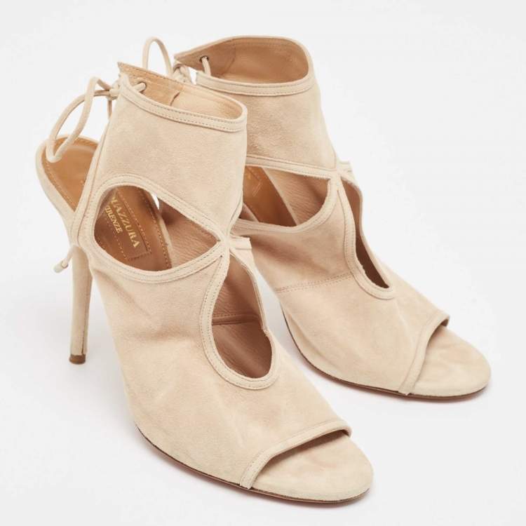 Pre Owned Aquazzura Beige Suede Ankle Wrap Sandals Size 39.5