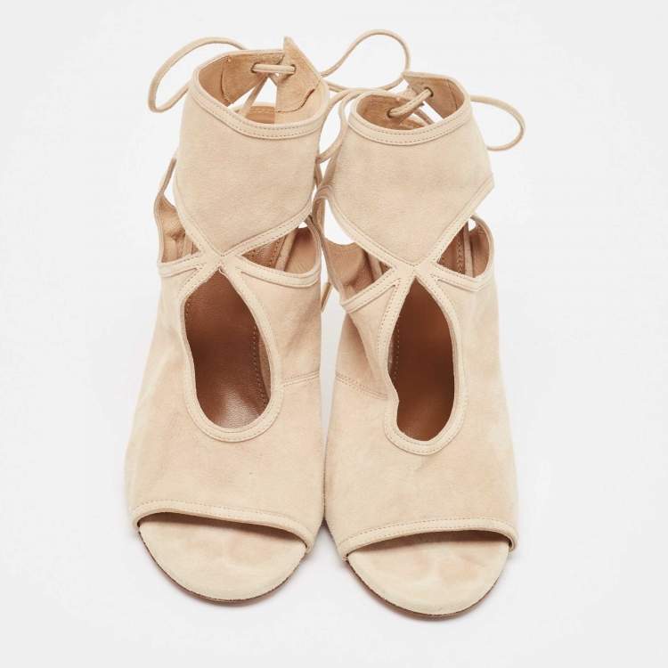 Pre Owned Aquazzura Beige Suede Ankle Wrap Sandals Size 39.5