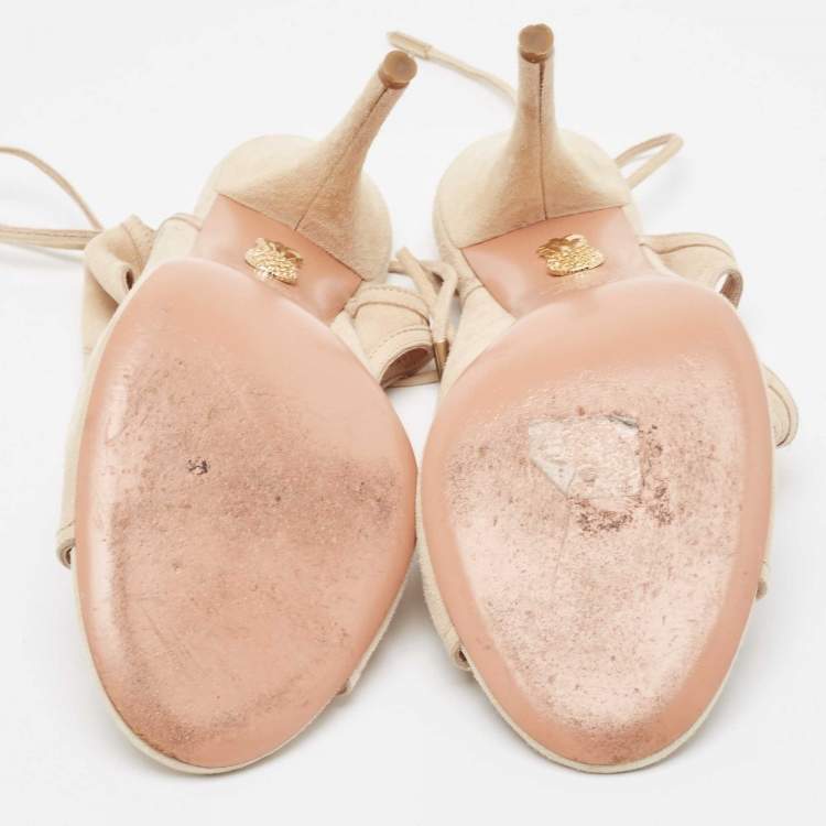 Pre Owned Aquazzura Beige Suede Ankle Wrap Sandals Size 39.5