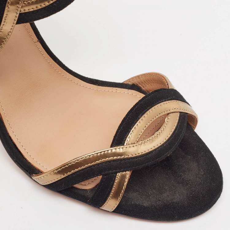 مملوكة مسبقًا Aquazzura Black/Gold Leather and Suede Moon Ray Sandals Size 37