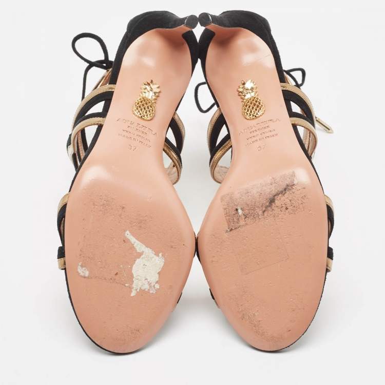 مملوكة مسبقًا Aquazzura Black/Gold Leather and Suede Moon Ray Sandals Size 37