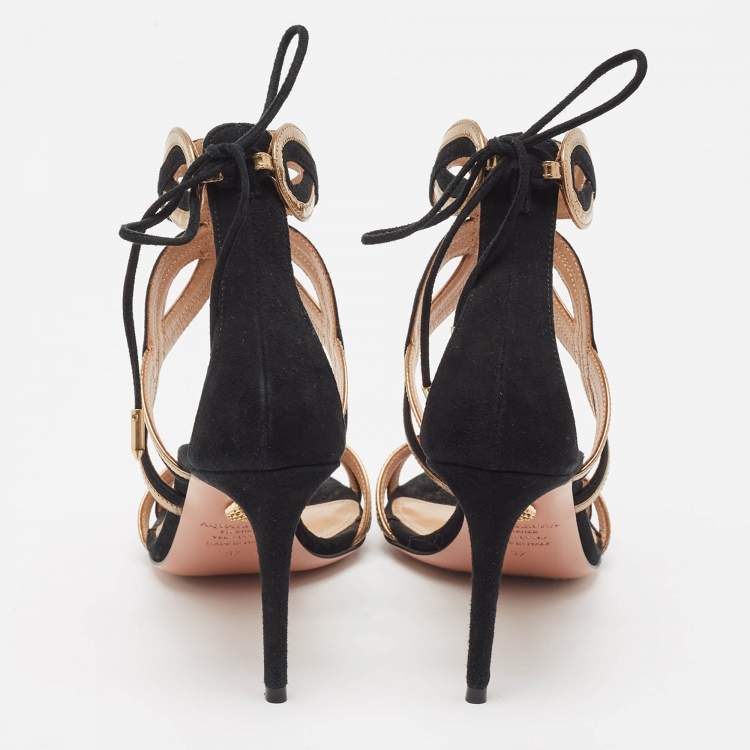 مملوكة مسبقًا Aquazzura Black/Gold Leather and Suede Moon Ray Sandals Size 37
