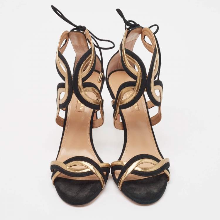 مملوكة مسبقًا Aquazzura Black/Gold Leather and Suede Moon Ray Sandals Size 37