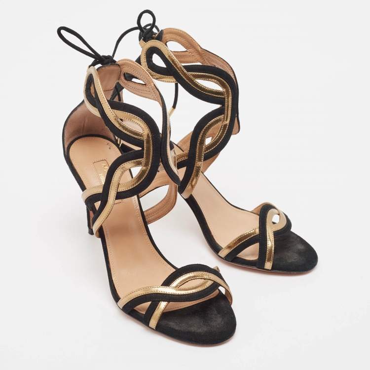 مملوكة مسبقًا Aquazzura Black/Gold Leather and Suede Moon Ray Sandals Size 37