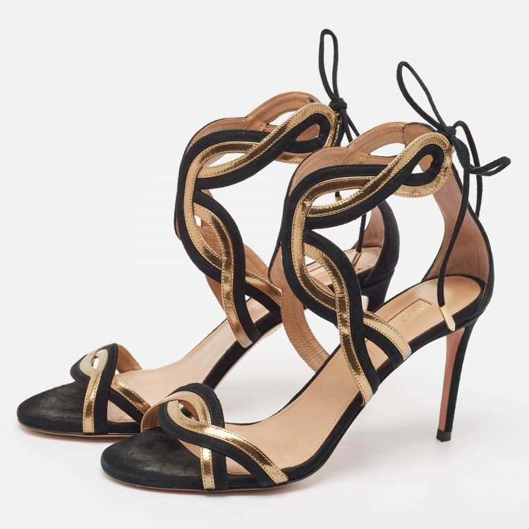 مملوكة مسبقًا Aquazzura Black/Gold Leather and Suede Moon Ray Sandals Size 37