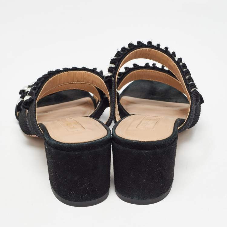 Pre Owned Aquazzura Black Suede and Canvas Love Story Slide Sandals Size 37.5