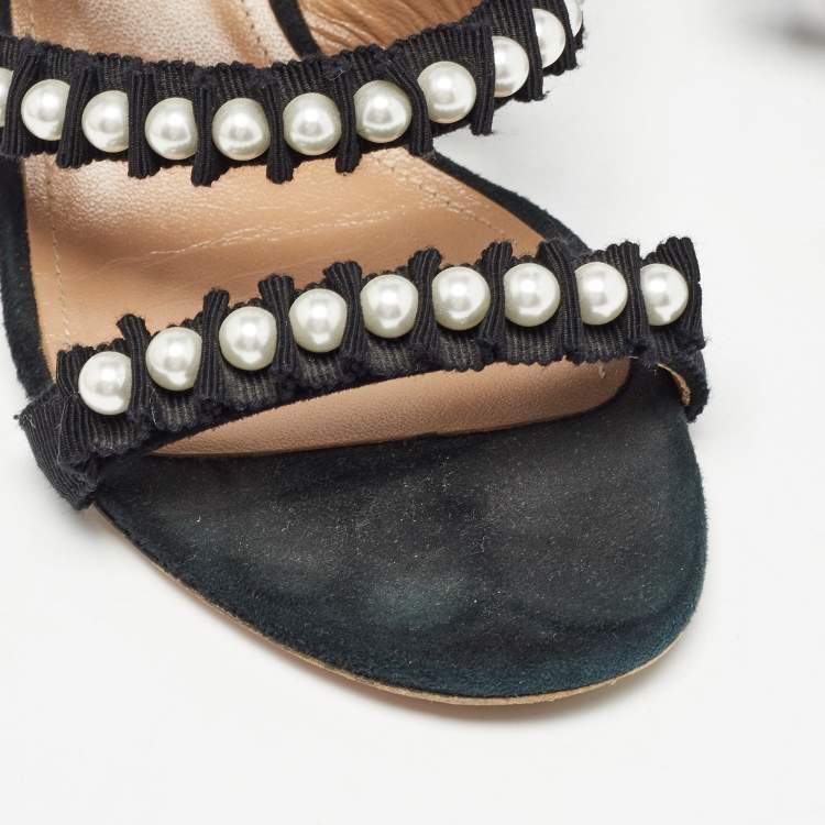 Pre Owned Aquazzura Black Suede and Canvas Love Story Slide Sandals Size 37.5